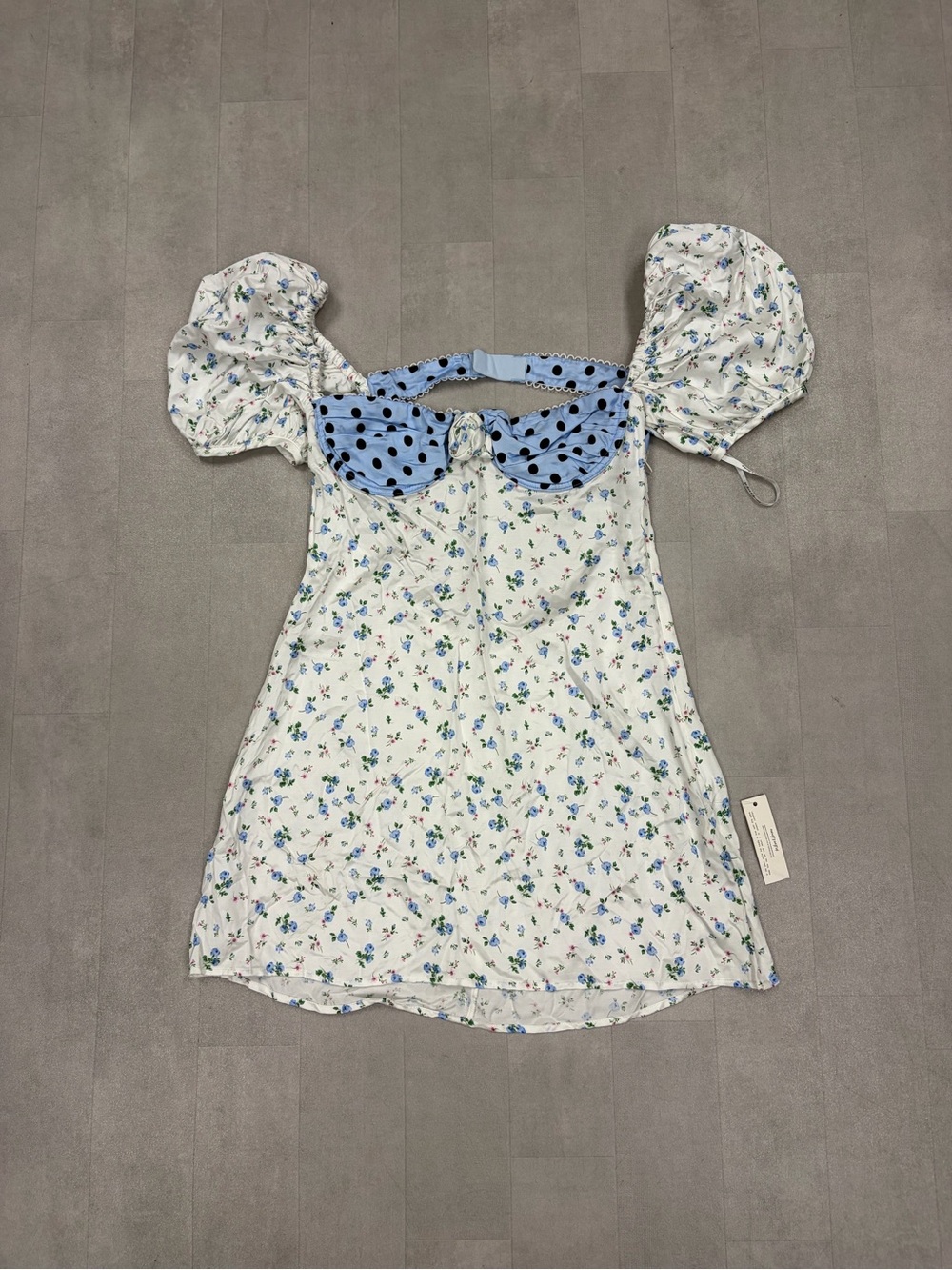Free People For Love & Lemons Blue Floral Puff-Sleeve Dress w/ Polka Dot Bow
